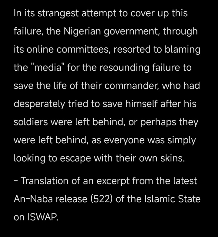 BrantPhilip_'s tweet image. ISWAP continues to taunt the Nigerian government, stating that the army lost all credibility by denying the disappearance of General Musa Uba, and mocks them for trying to blame the media, excerpt from the ISWAP statements below.