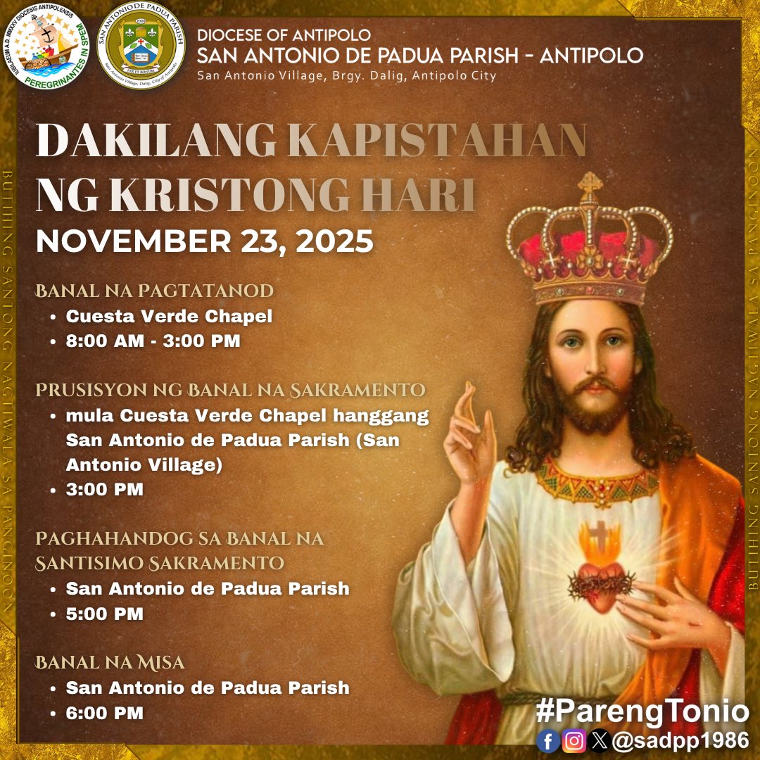 sadpp1986's tweet photo. 𝗣𝗔𝗔𝗡𝗬𝗔𝗬𝗔 𝗦𝗔 𝗟𝗔𝗛𝗔𝗧

Sa pagtatapos ng Taon ng Liturhiya ng Simbahan, ang lahat po ay inaanyayahan na dumalo para sa pagdiriwang ng Dakilang Kapistahan ng Kristong Hari ngayon Nobyembre 23, Linggo. Narito po ang ating schedule. https://t.co/TRFi0S8gVD