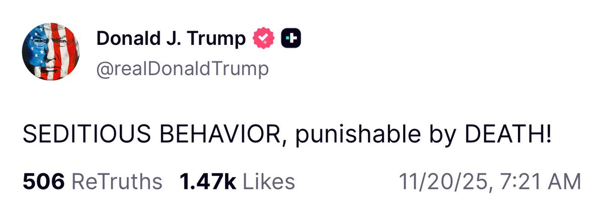 MeidasTouch's tweet image. Trump follows up this post by calling for these Democratic lawmakers to be put to death