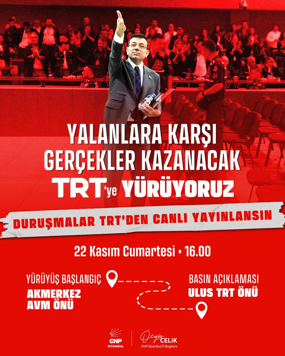 Biz kendimize güveniyoruz.

Biz Ekrem Başkanımıza ve tüm yol arkadaşlarımıza güveniyoruz.

Cumartesi günü TRT önünde iddiamızı yineleyeceğiz.

Siz de yalan ve iftiralarla doldurduğunuz bulamaç iddianamenize güveniyorsanız:

Yayınlayın duruşmaları, herkes gerçekleri görsün.