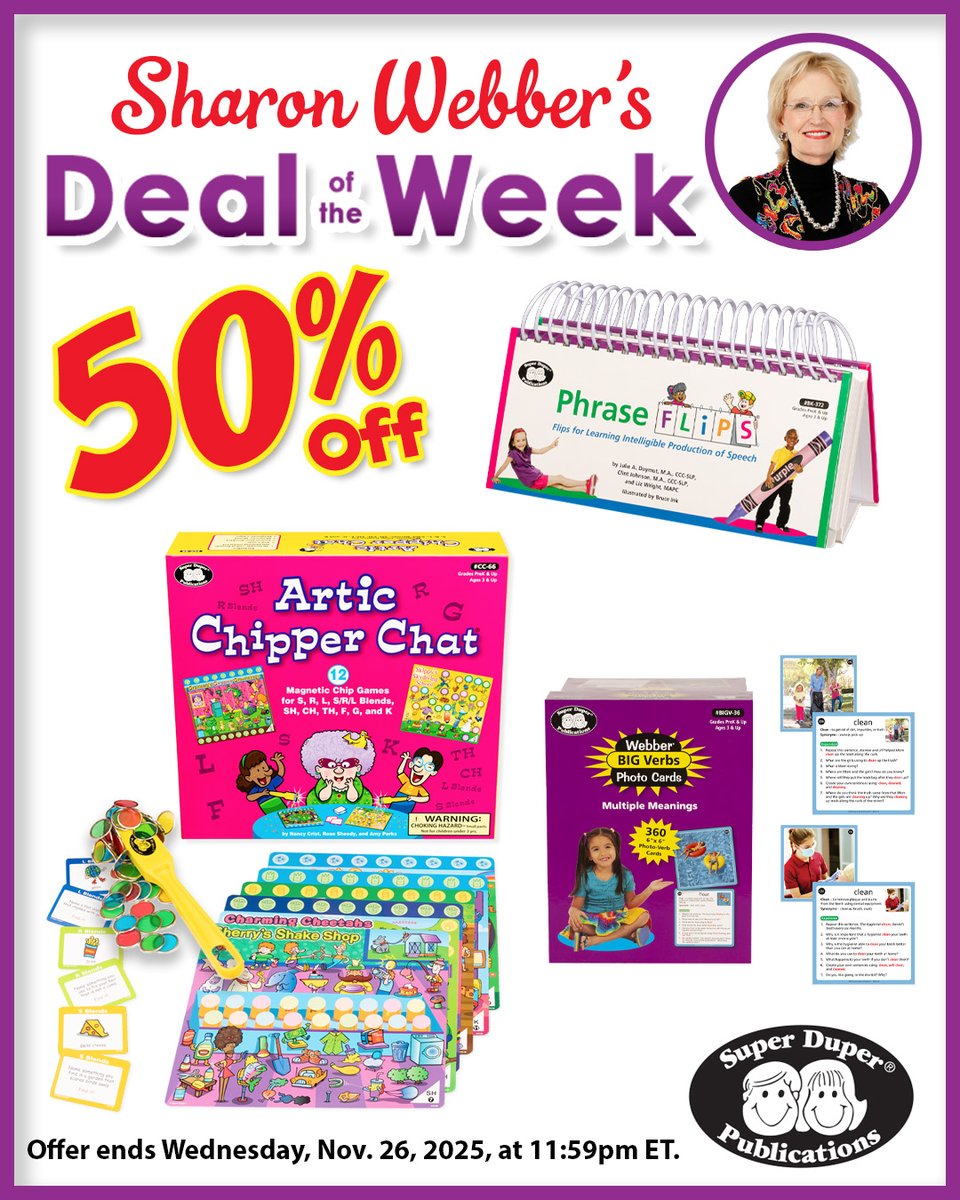 Sharon Webber's Deal of the Week just dropped! 🛒Order now at bt.sdpubs.com/3Iw93rk! Get our go-to fun activities to improve speech intelligibility, language, grammar and syntax skills!