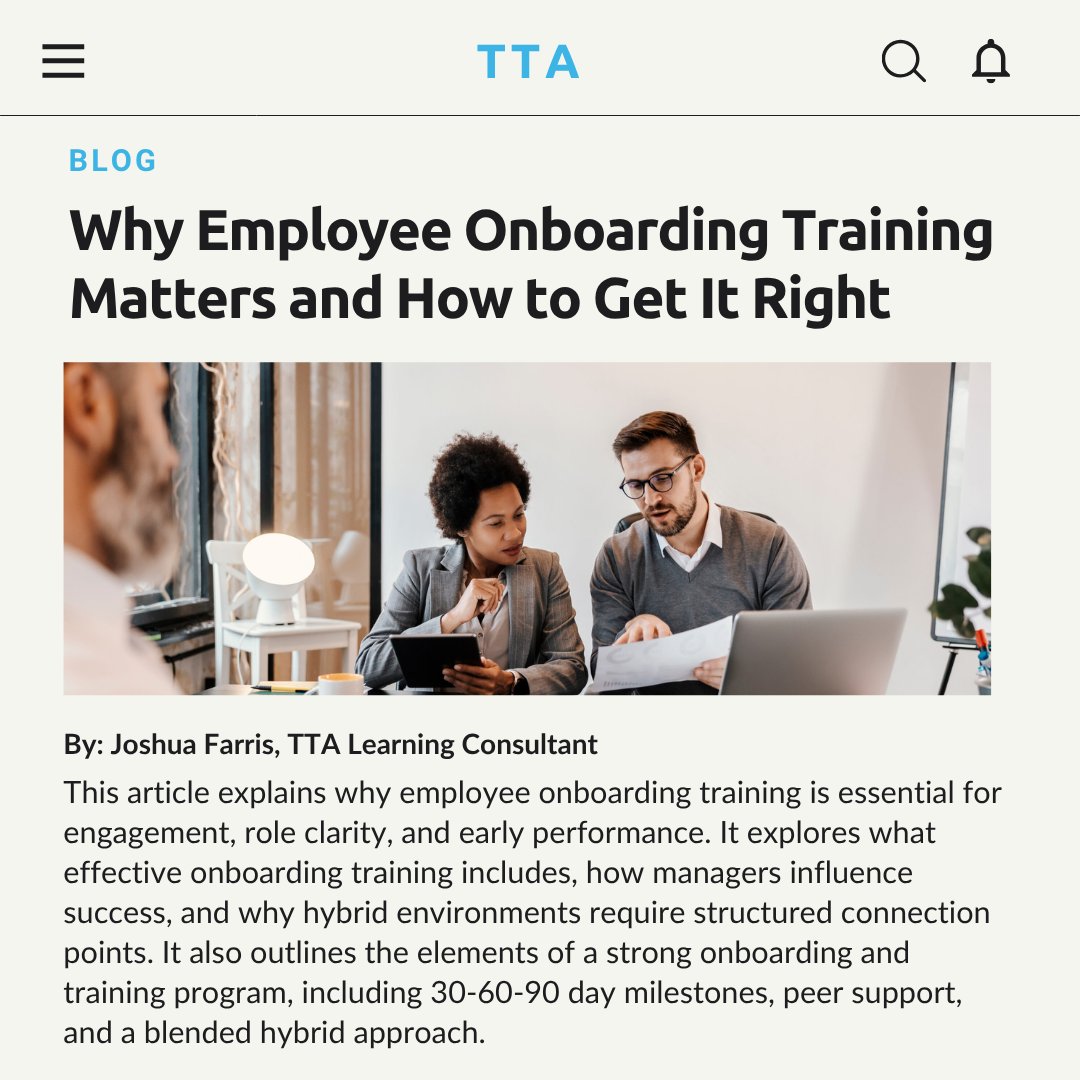 TTATraining's tweet image. A thoughtful onboarding experience builds clarity, connection, and early momentum. If you’re improving your onboarding program or planning next year’s training priorities, this is a must-read for HR and L&amp;amp;D leaders.

#TTA #LearningandDevelopment #OnBoarding