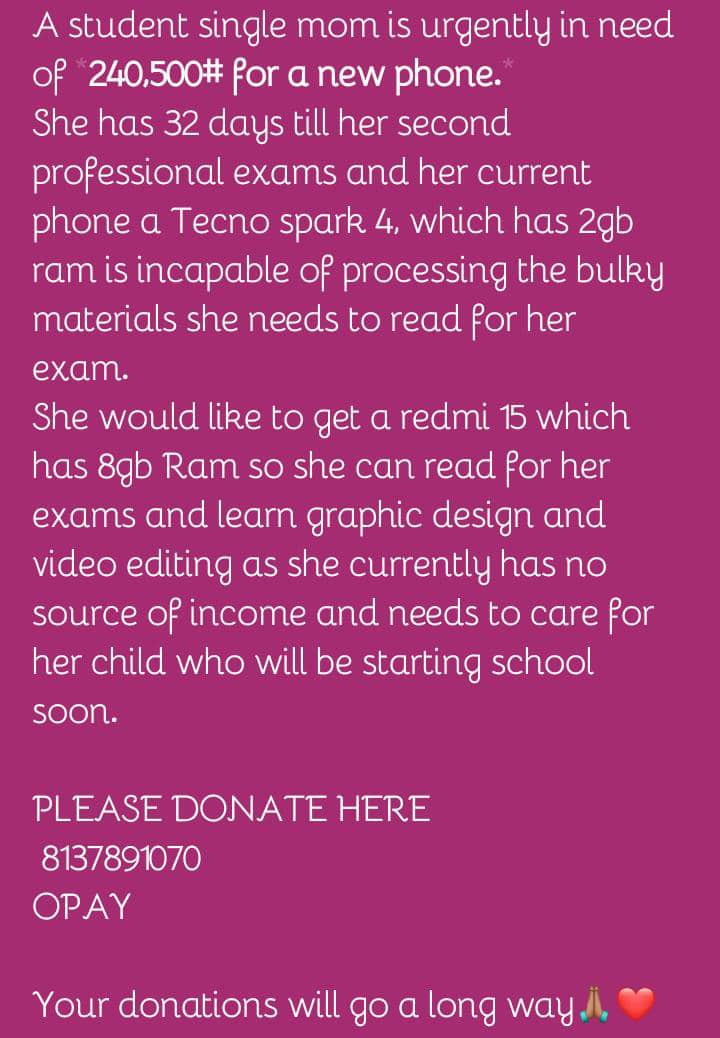 Hello everyone, so because Temi deactivated her account I’ll be picking up from where she stopped with the fundraiser. We’re almost at our goal so please keep RTing and sharing. 🙏🏾

8137891070 OPay