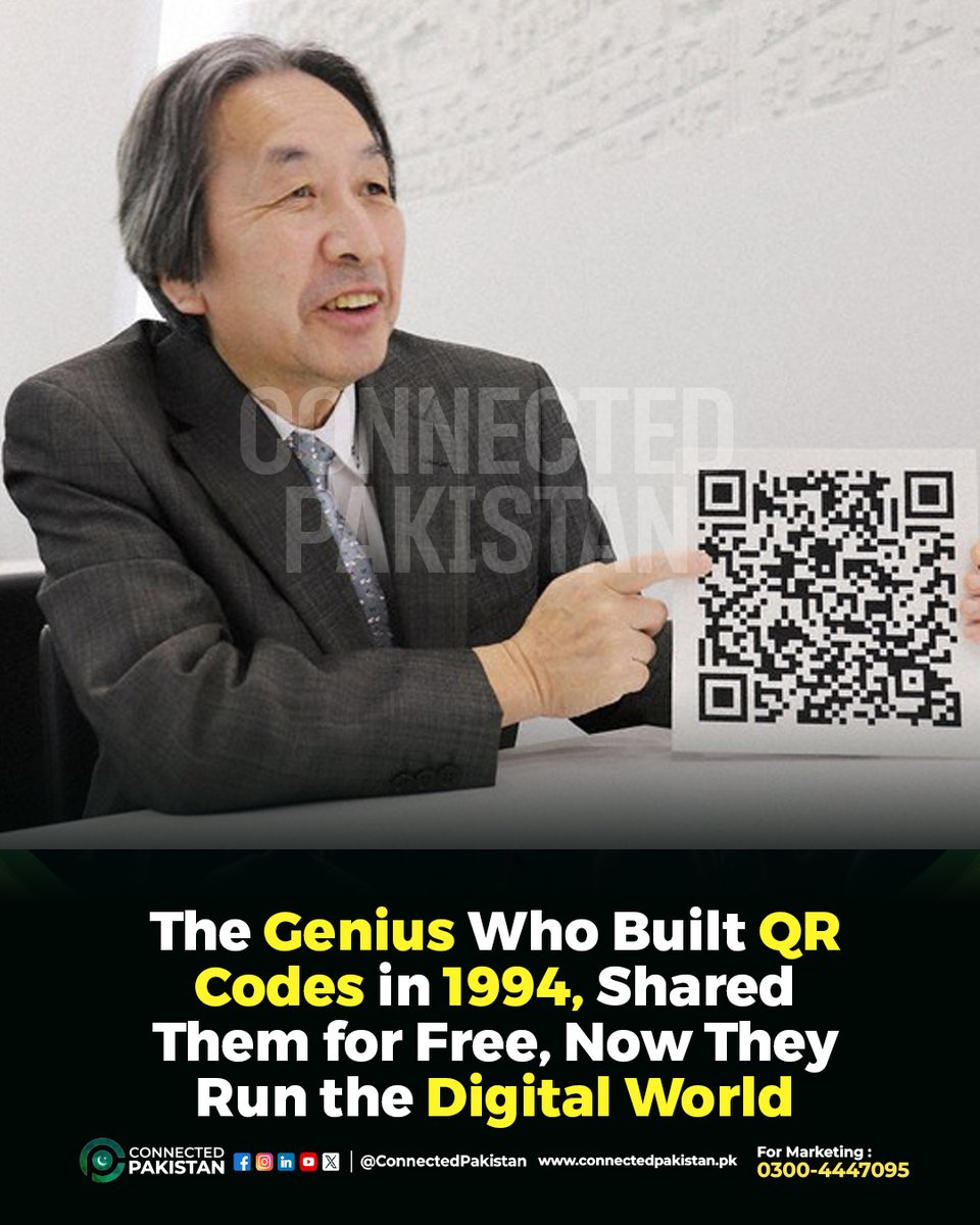 ConnectedPak's tweet image. Masahiro Hara gave the world QR codes in 1994 without seeking profit. Today, billions use them daily for payments, menus, tickets, and more — a testament to open innovation changing global convenience.
#ConnectedPakistan #QRCode #TechInnovation #OpenSource