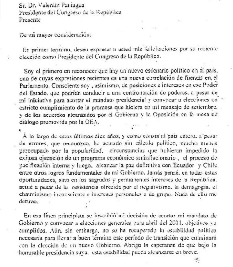 jesusverdeL's tweet image. Para  los que añoran a Fujimori,  hace 25 años, fugo del país   y renuncio a traves de una carta enviada por fax al gobierno de transicion de Valentin Paniagua. En este documento reconoció errores y la inestabilidad que generaba su presencia tras su amañada reelección y el…