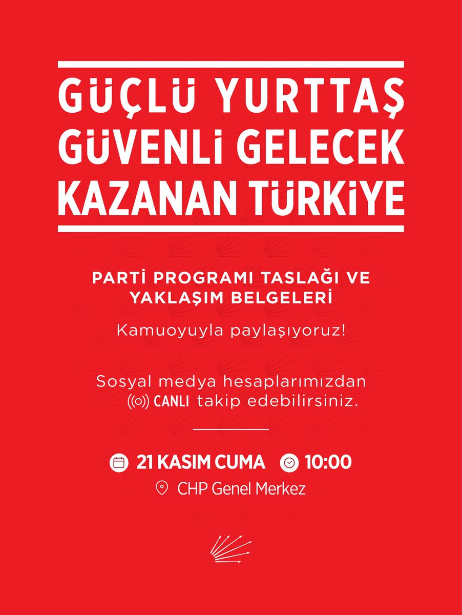 Partimizin yol haritası, “Güçlü Yurttaş, Güvenli Gelecek ve Kazanan Türkiye" Parti Programı Taslağı ve Yaklaşım Belgeleri'ni, yarın saat 10.00'da Genel Merkezimizde açıklıyoruz. 

Sosyal medya hesaplarımızdan canlı takip edebilirsiniz.

🗓️ 21 Kasım Cuma
⏰ 10.00
📍 CHP Genel