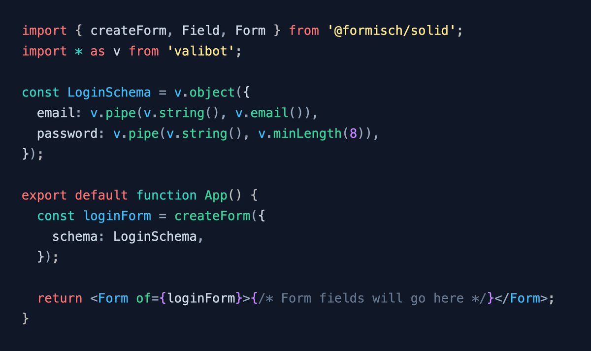 FabianHiller's tweet image. Excited about Formisch + Valibot? 🧩 This schema-first duo makes building robust forms a breeze! Define your form with Valibot—get auto-inferred TS types, seamless validation with custom errors. Works out of the box with @solid_js, @vuejs, @sveltejs, @preactjs and @QwikDev.…