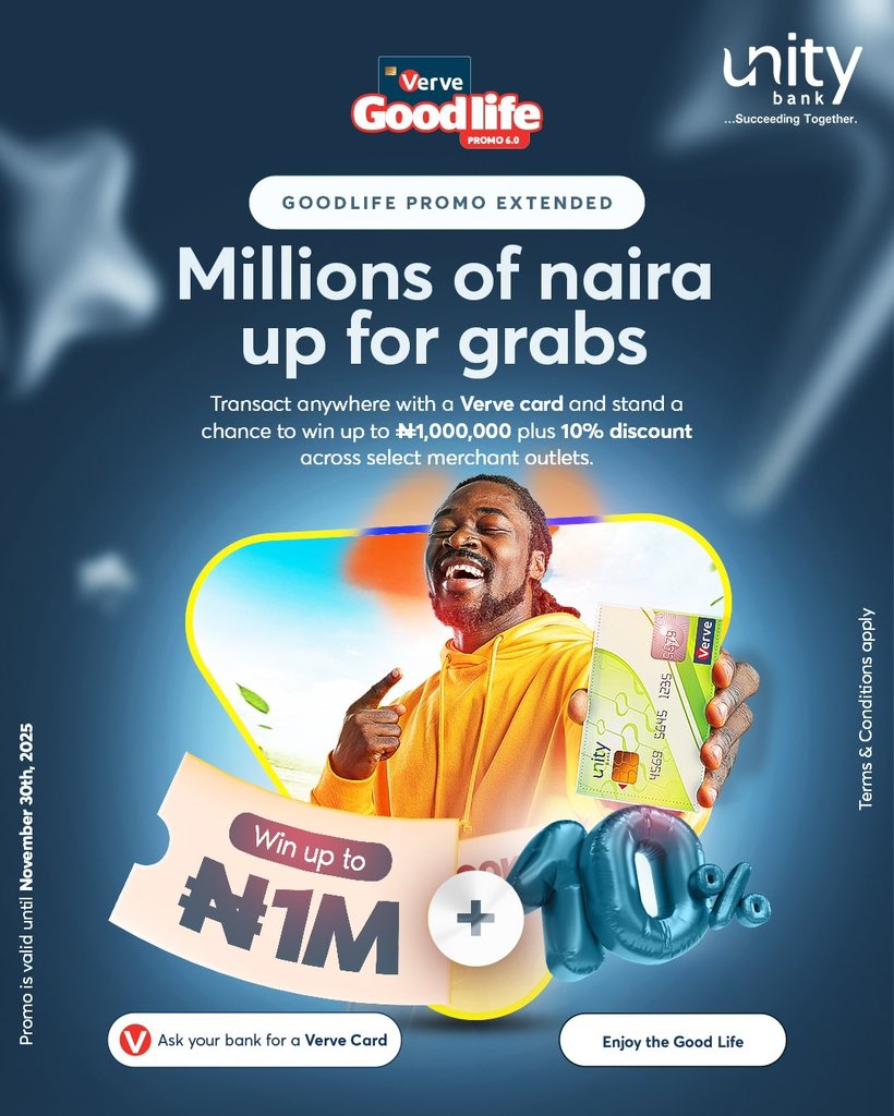 UnityBankPlc's tweet image. That feeling when your card does more than just pay! 😄💳

Use your Unity Bank Verve card and stand a chance to win up to 1,000,000 plus enjoy 10% discount at select stores. 

The GoodLife promo is still on! 🚀

#UnityBankXVerveGoodLifePromo #SucceedingTogether