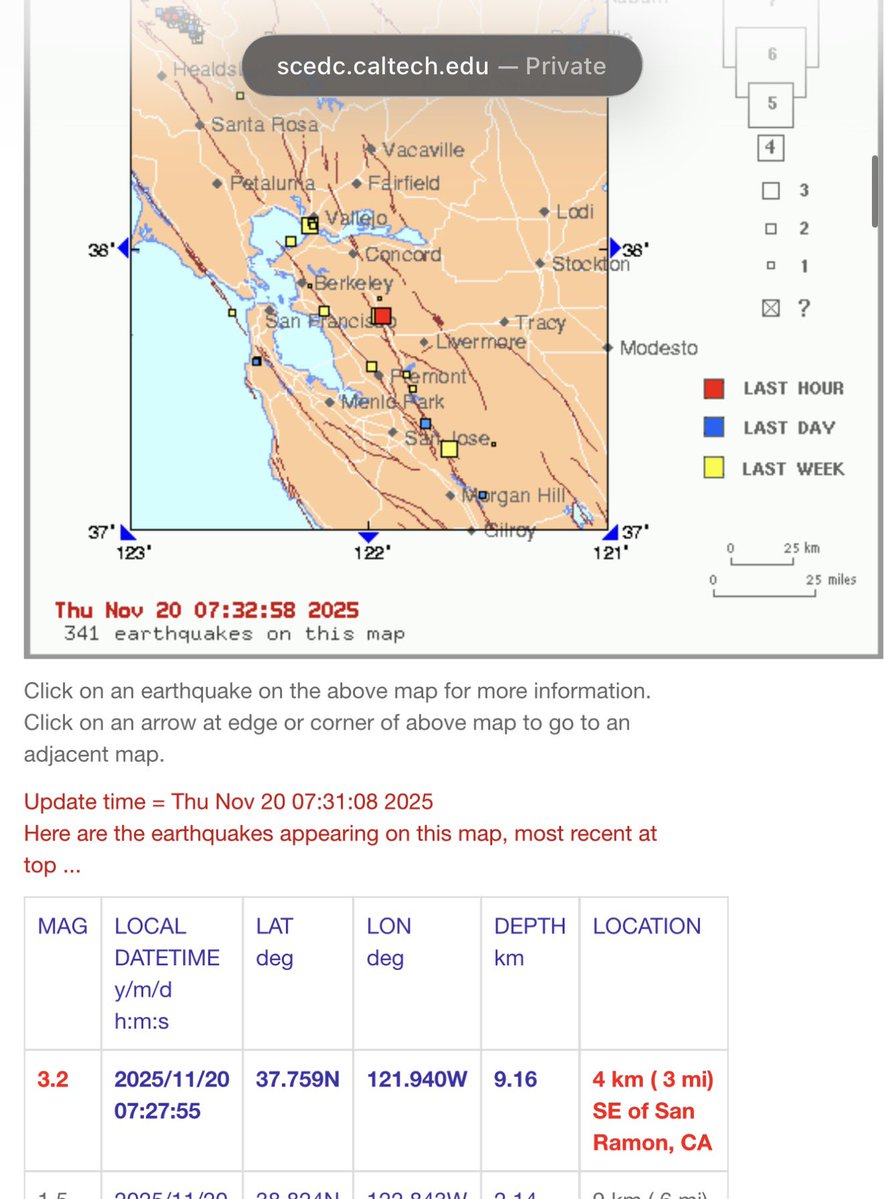 RobMayeda's tweet image. Preliminary magnitude 3.2 earthquake near San Ramon at 7:27 am … the swarm continues 11/20/2025 @nbcbayarea