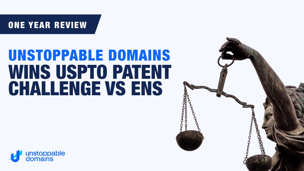 unstoppableweb's tweet image. One year ago, the U.S. Patent &amp;amp; Trademark Office (USPTO) reaffirmed Unstoppable Domains’ innovation in blockchain domain resolution. 

This strengthened the entire Web3 naming ecosystem, and our approach to IP: protect innovation responsibly, while supporting open, interoperable…