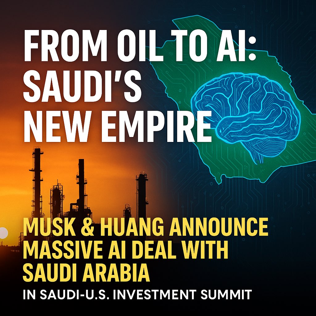 GtechOne's tweet photo. BREAKING: Saudi Arabia shifts from Oil to AI as Elon Musk and NVIDIA’s Jensen Huang strike a massive AI deal at the U.S.–Saudi Investment Summit.
The new tech empire is rising. 

#AI #SaudiArabia #NVIDIA #ElonMusk #TechNews https://t.co/ts5dwSyQTZ