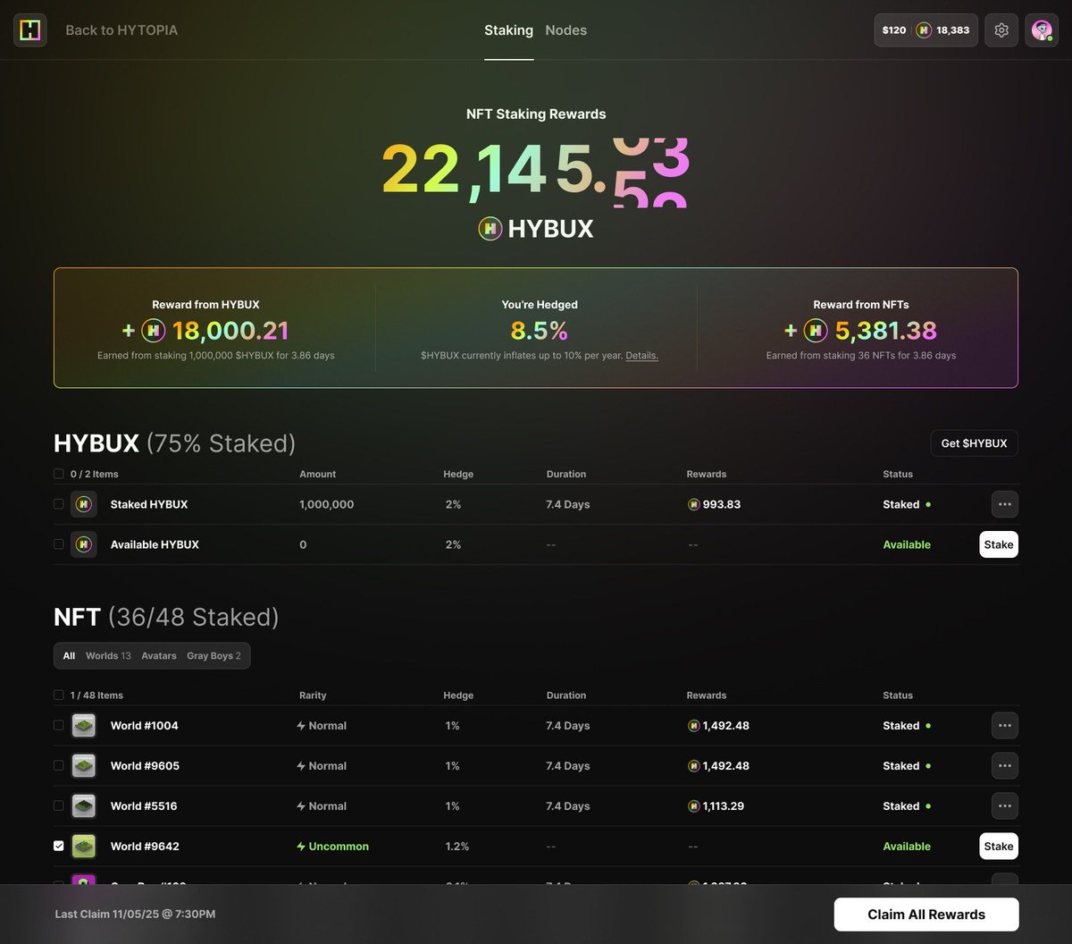 The new HYTOPIA staking UI just got leaked! 

In one sleek dashboard, you can:
• See your total $HYBUX + HYTOPIA NFT rewards updating in real time
• Monitor your APY (up to 10%)
• Track each asset’s duration, yield, and payout down to the decimal
• Stake/unstake $HYBUX,