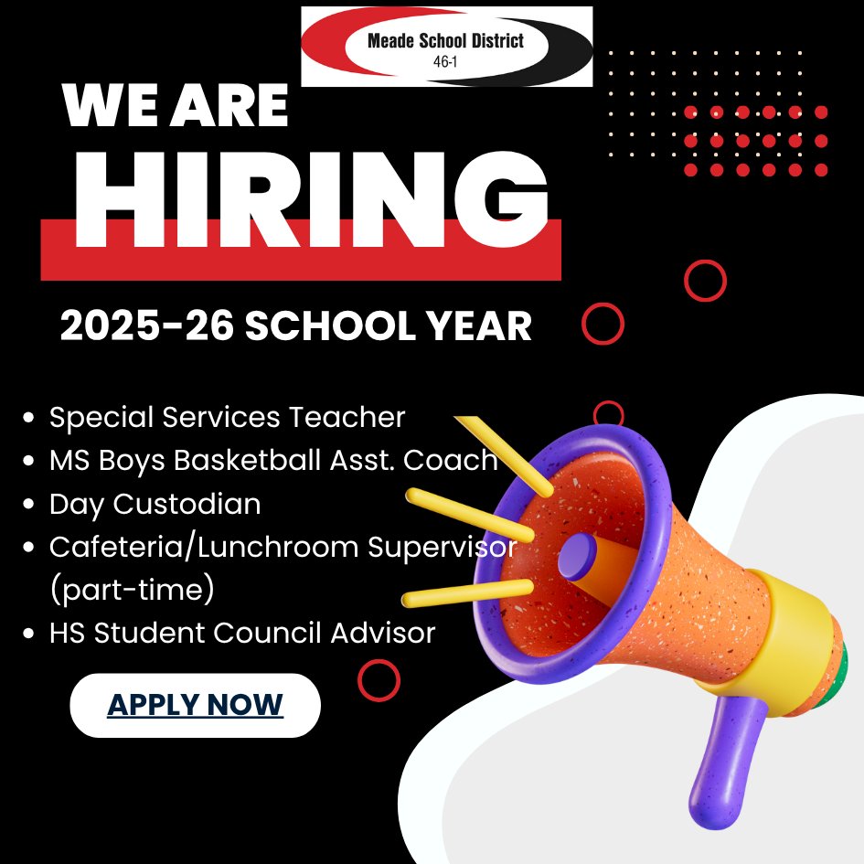 🚨 We’re hiring! Join us as a ⭐ Special Services Teacher, 🏀 MS Boys Basketball Asst. Coach, 🧹 Day Custodian, 🥪 Lunchroom Supervisor (PT), or 🎉 HS Student Council Advisor! If you can handle spills, spirit week, or layups—we want you! Apply today!