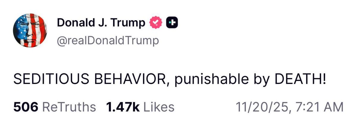 🚨 BREAKING: After calling Democratic lawmakers “traitors” and demanding their arrest, Trump amplified a post calling for their execution. We’re tracking responses and next steps.
Subscribe to The Developer ✊🇺🇸 — iamdonnyevans.substack.com