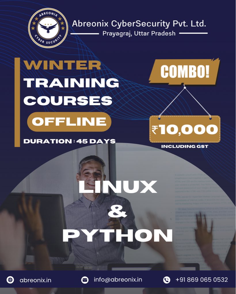 abreonix's tweet image. Linux + Python Winter Training now open! Limited seats.
#ITTraining #LearnToCode #TechEducation #AbreonixCyberSecurity #WinterBatch