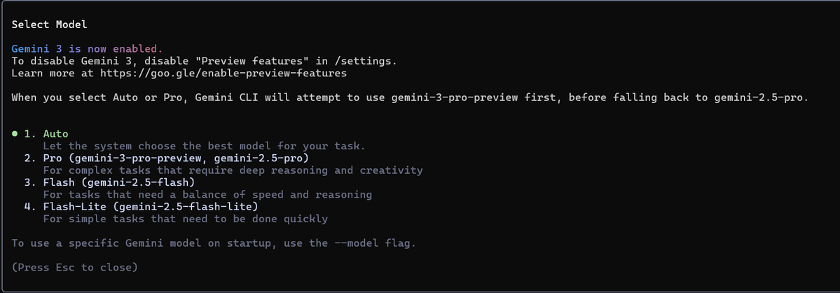bazyyy__'s tweet image. GeminiCLIでGemini3を使いたい時は

GeminiCLIを起動したら /settings コマンド打って
ここを true にしたらターミナルを再起動
/model コマンドからプレビュー版が選択できます

#Gemini #GeminiCLI #Gemini3