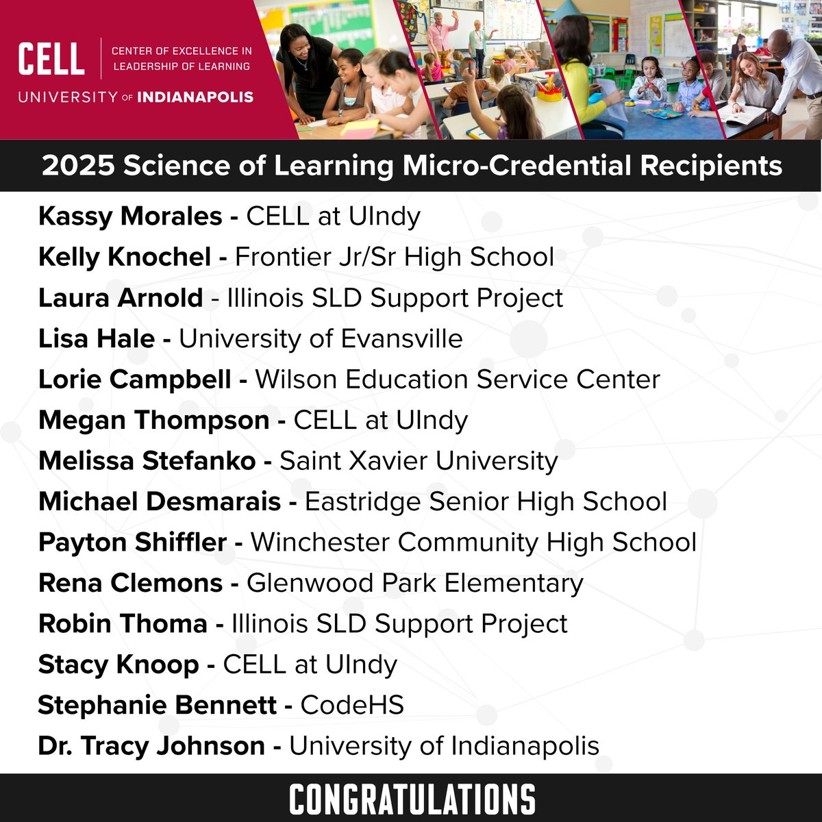 CELLuindy's tweet image. Congrats to the 66 educators who earned a micro-credential in the science of learning! Through an online course developed by CELL and @inner_drive, educators learn how to apply #CognitiveScience principles to classroom practice. Find out more: cell.uindy.edu/our-work/cogni…