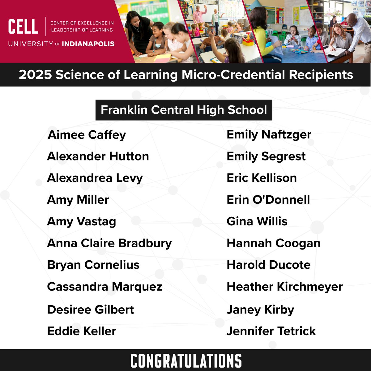 CELLuindy's tweet image. Congrats to the 66 educators who earned a micro-credential in the science of learning! Through an online course developed by CELL and @inner_drive, educators learn how to apply #CognitiveScience principles to classroom practice. Find out more: cell.uindy.edu/our-work/cogni…