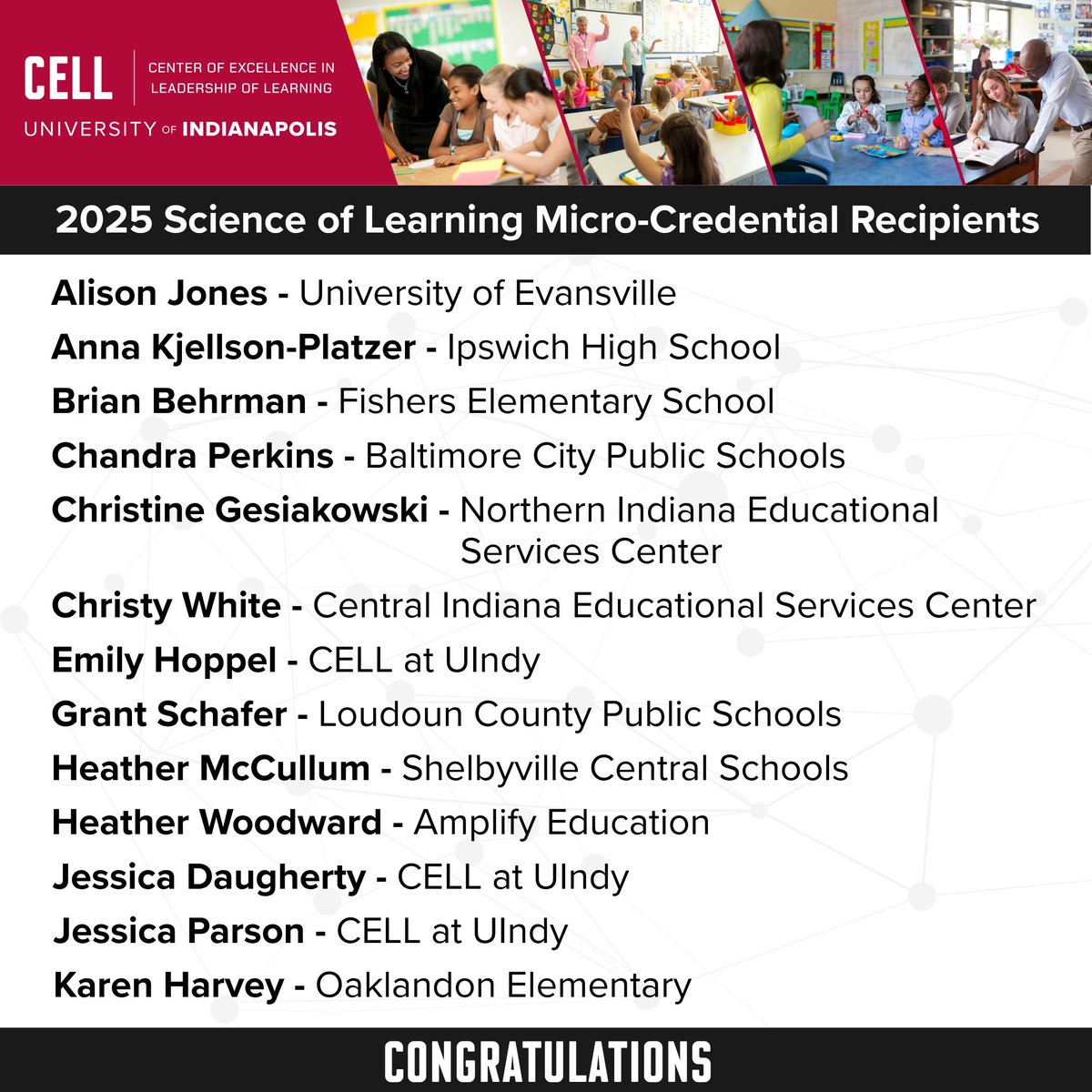 CELLuindy's tweet image. Congrats to the 66 educators who earned a micro-credential in the science of learning! Through an online course developed by CELL and @inner_drive, educators learn how to apply #CognitiveScience principles to classroom practice. Find out more: cell.uindy.edu/our-work/cogni…