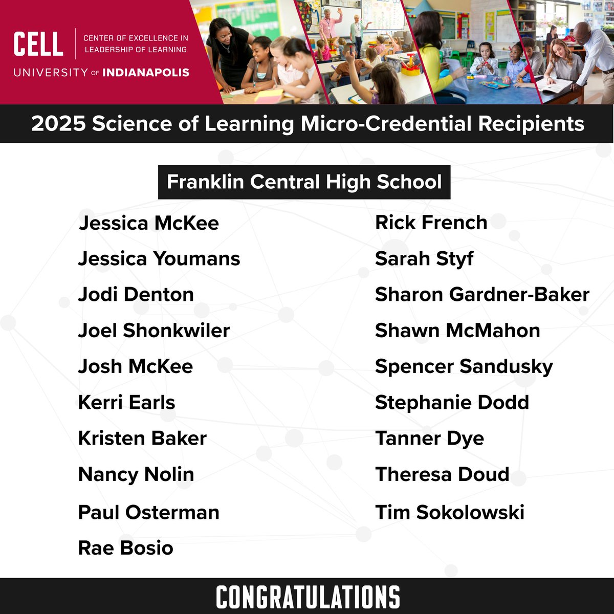 CELLuindy's tweet image. Congrats to the 66 educators who earned a micro-credential in the science of learning! Through an online course developed by CELL and @inner_drive, educators learn how to apply #CognitiveScience principles to classroom practice. Find out more: cell.uindy.edu/our-work/cogni…