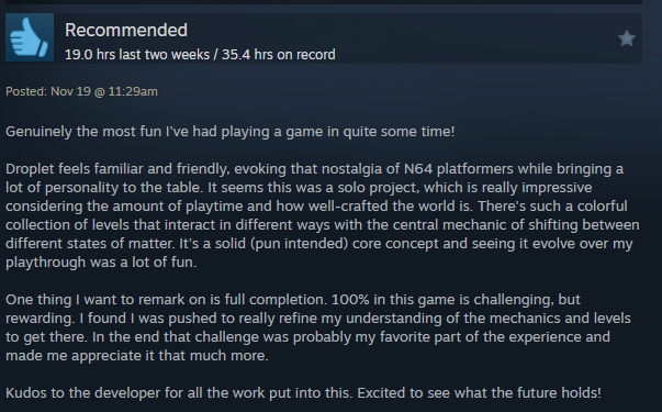 Another review for Droplet: States of Matter came in! It really makes my day to see people having such a great time with it.