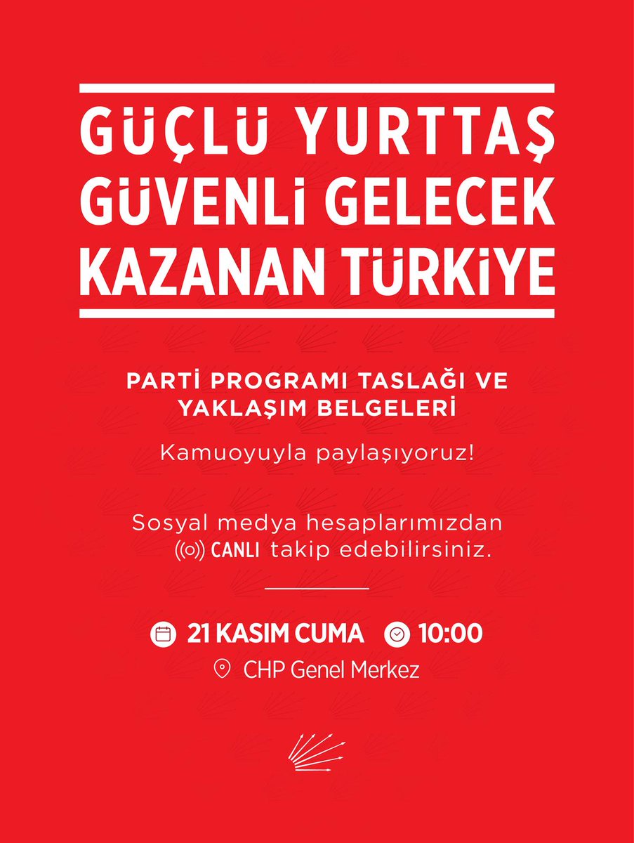 datca_chp's tweet image. Partimizin yol haritası, “Güçlü Yurttaş, Güvenli Gelecek ve Kazanan Türkiye&quot; Parti Programı Taslağı ve Yaklaşım Belgeleri&apos;ni, yarın saat 10.00&apos;da Genel Merkezimizde açıklıyoruz. 
Sosyal medya hesaplarımızdan canlı takip edebilirsiniz.
🗓️ 21 Kasım Cuma
⏰ 10.00
📍 CHP Genel Merkez