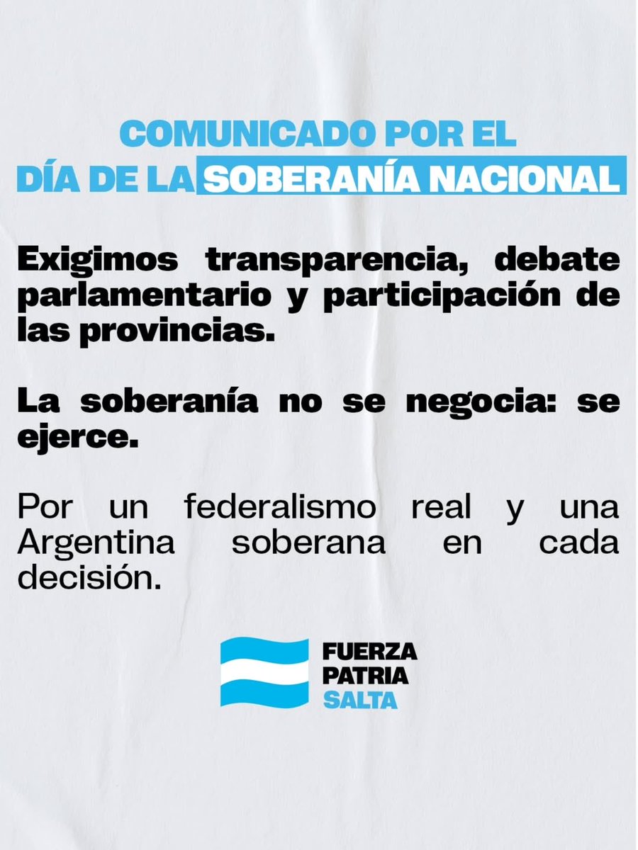 La soberanía se ejerce, no se negocia. Hoy más que nunca, necesitamos un país que defienda nuestros intereses, sin tutelajes ni condicionamientos externos.
#DiadelaSoberaníaNacional 🇦🇷