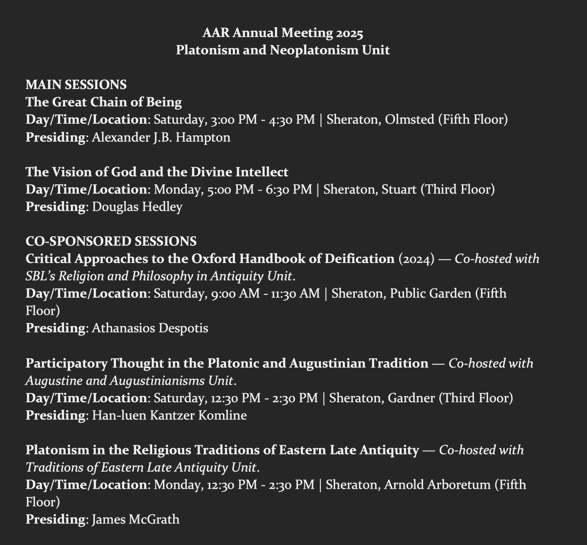 ajbhampton's tweet image. #Platonism and #Neoplatonism Unit sessions at the 2025 AAR-SBL conference, 21-25 November, Boston 
#SBLAAR #AARSBL