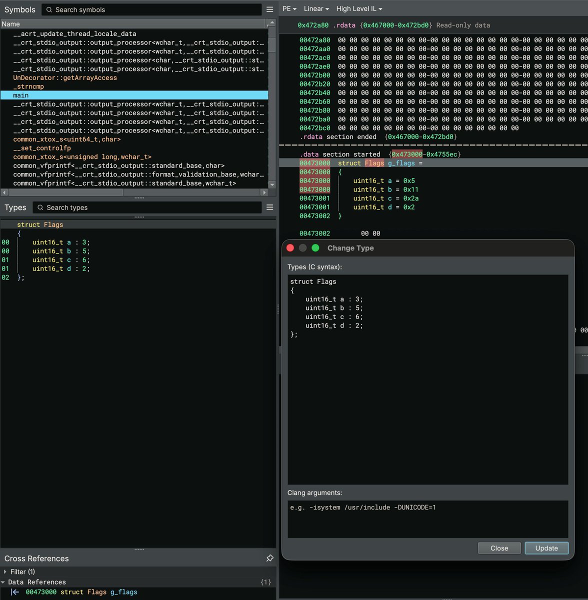 Binary Ninja 5.2 brings initial bitfield support. You can now represent structure members with specific bit positions and widths, and Linear View will show them cleanly. Our debug info plugins like DWARF, PDB, and the built in SVD import all express bitfields now too. More