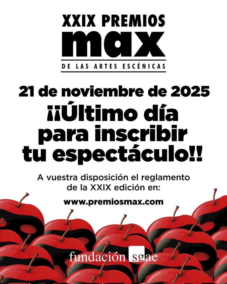 👀 ¡Pssss! No te olvides.

¡Queda solo un día para inscribir tu espectáculo en los #Max2026! 

Hazlo aquí:👇 premiosmax.com/inscripcion/