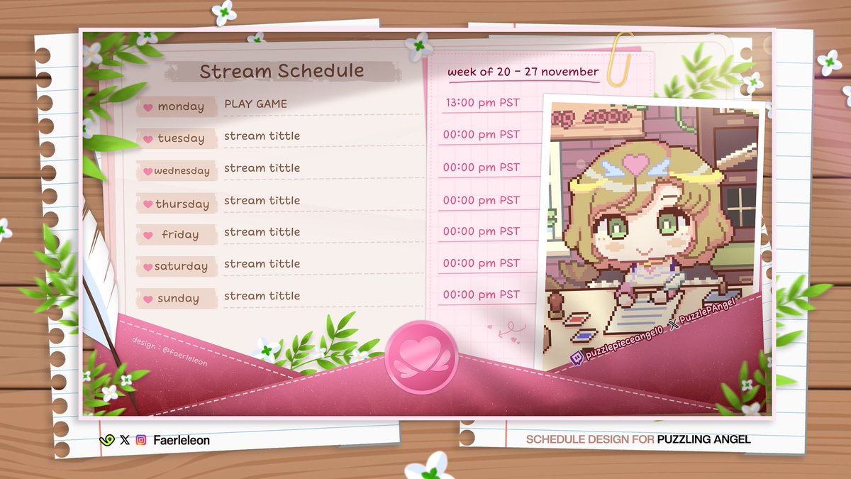 New VTuber stream schedule done! 🌸✨ For my Client <a href="/PuzzlePAngel/">Puzzle🌸💌🧩</a>

I focused on clean layouts, soft colors, and scrapbook elements to give it a warm VTuber aesthetic ✨
#VGenComm