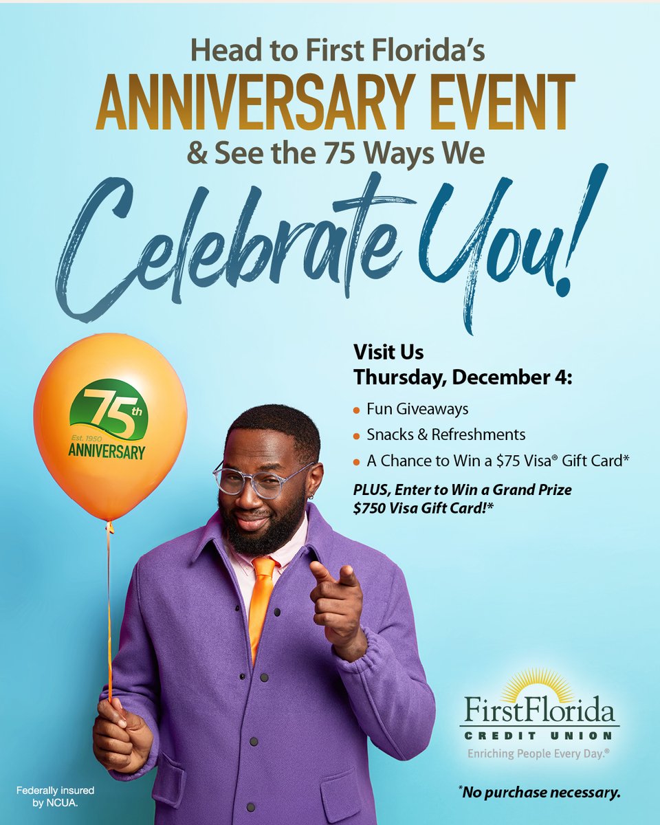 You’re invited!🎉Drop by any First Florida branch on Dec. 4 for our final anniversary event of the year! Enjoy snacks, giveaways, and enter our $7️⃣5️⃣0️⃣ Visa gift card grand prize drawing.*💳 

#75thAnniversary #CelebrateWithUs

*No purchase necessary.