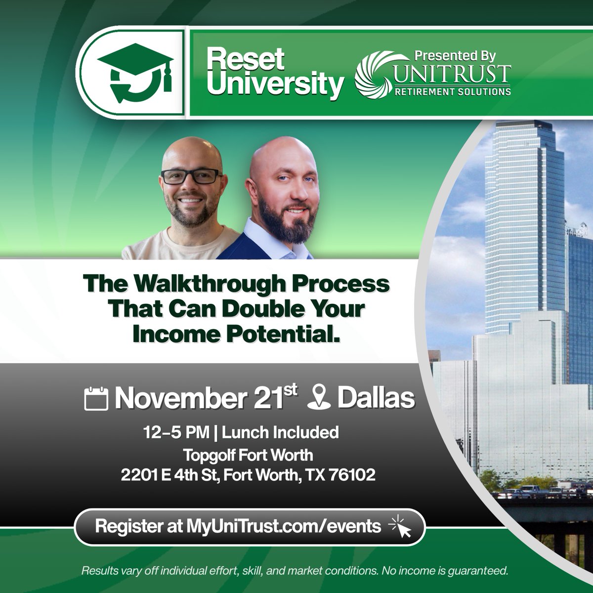 UniTrustLife's tweet image. LAST CALL! Tomorrow CEO Pete Beckman and Co-Director of Retirement Solutions Eric Miller hit Top Golf in Dallas to teach you how to spot qualified referrals for retirement solution financial planning. Register now at myunitrust.com/events.  #UniTrust #RetirementSolutions…