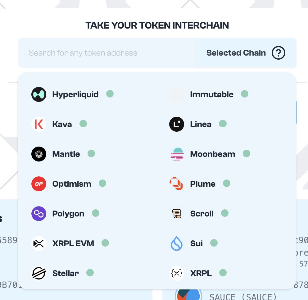 XRPL is now live on @Axelar Interchain Token Service! 🚀 
Check it out at interchain.axelar.dev
— deploy interchain tokens on XRPL, ETH, Sui, Stellar, Hedera, ... and soon on Solana!