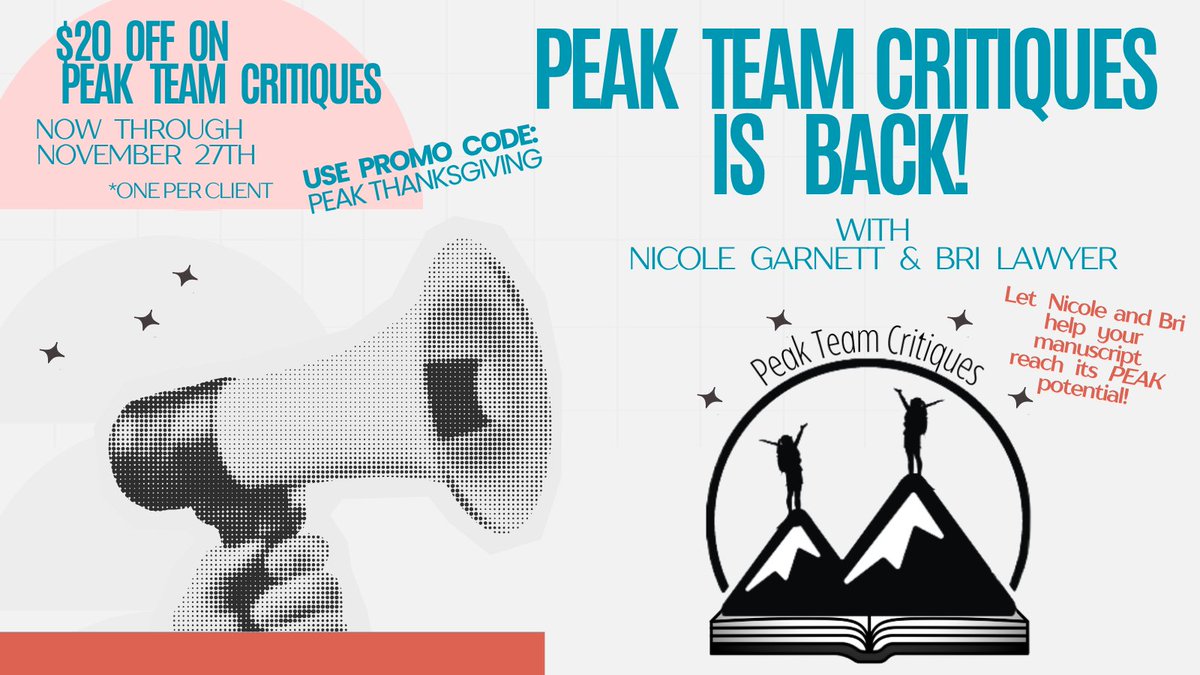 garnett_nicole's tweet image. 🚨 #WritingCommunity! 🗣

@LawyerBri and I are thrilled to announce the re-opening of...

PEAK TEAM CRITIQUES!! 🥳🏔🙋‍♀️🙋‍♀️

We are excited to offer TEAM critiques for #PB manuscripts! 👀👀&amp;gt;👀

Inquire before 11/27 🦃 to receive $20 off! 🤗
See comments below for how 👇
#kidlit
