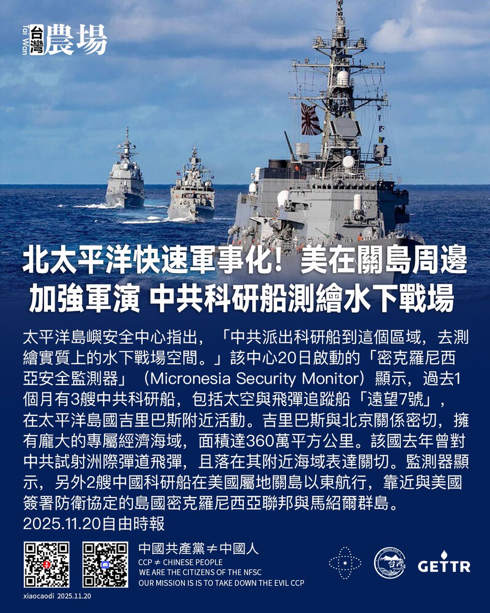 N0000024's tweet photo. 北太平洋快速軍事化！
美在關島周邊加強軍演 
中共科研船測繪水下戰場

太平洋島嶼安全中心指出，「中共派出科研船到這個區域，去測繪實質上的水下戰場空間。」該中心20日啟動的「密克羅尼西亞安全監測器」（Micronesia Security Monitor）顯示，過去1個月有3艘中共科研船，包括太空與飛彈追蹤船「遠望7號」，在太平洋島國吉里巴斯附近活動。
吉里巴斯與北京關係密切，擁有龐大的專屬經濟海域，面積達360萬平方公里。
該國去年曾對中共試射洲際彈道飛彈，且落在其附近海域表達關切。
監測器顯示，另外2艘中國科研船在美國屬地關島以東航行，靠近與美國簽署防衛協定的島國密克羅尼西亞聯邦與馬紹爾群島。