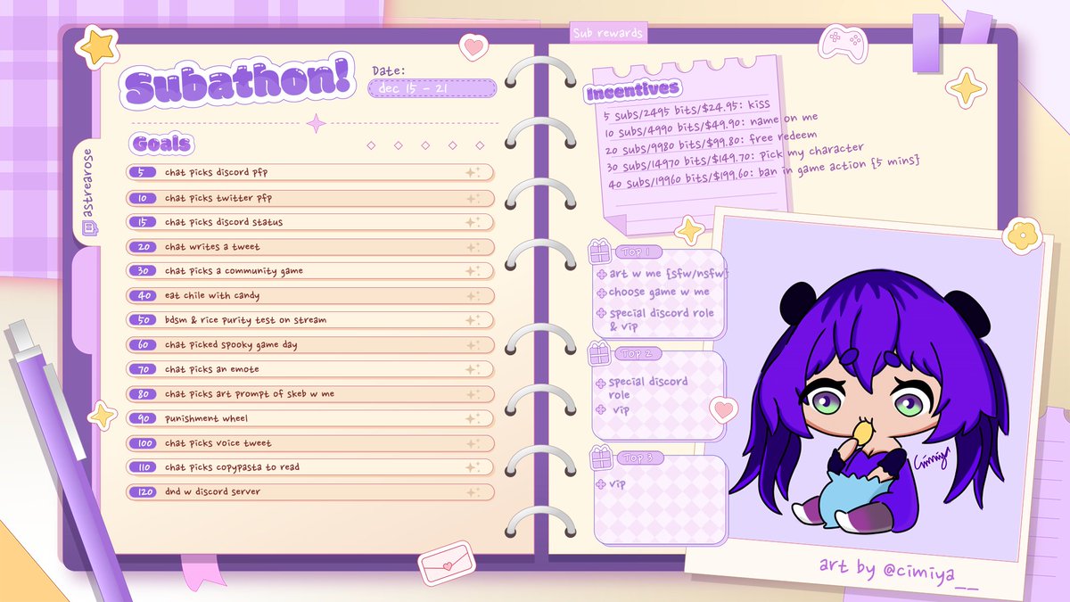 ATTENTION!!! my super-late-a-thon is finally here!!! the week of dec 15-21 we will be celebrating my birthday, 2 year streaming anniversary, 500 &amp; 1k followers!!! im super excited to spend a week with u guys!!! subs, bits, and donations will all count toward the goals!! 🥳