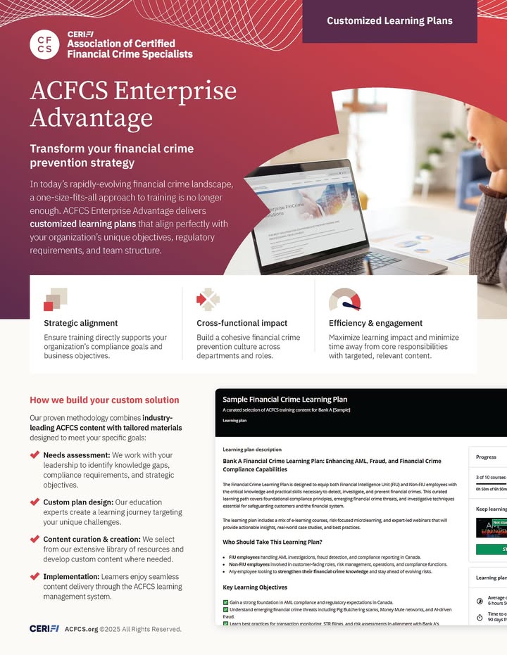 acfcsonline's tweet image. It&apos;s time to transform how you prevent financial crime.

In today&apos;s evolving fincrime landscape, one-size-fits-all training can leave you exposed.

That’s why ACFCS is proud to offer Customized Learning Plans designed for your needs.

Learn more: bit.ly/463VWqV