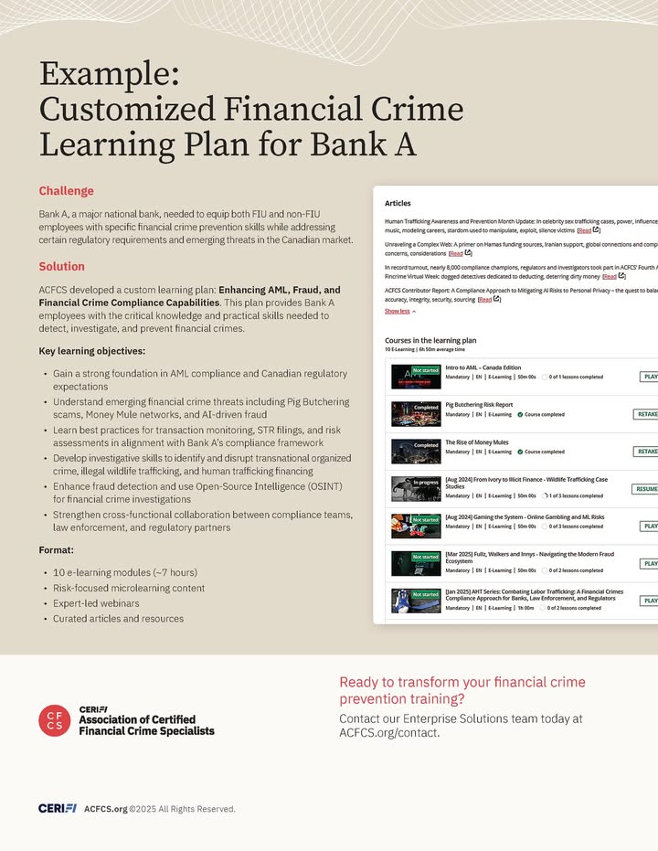 acfcsonline's tweet image. It&apos;s time to transform how you prevent financial crime.

In today&apos;s evolving fincrime landscape, one-size-fits-all training can leave you exposed.

That’s why ACFCS is proud to offer Customized Learning Plans designed for your needs.

Learn more: bit.ly/463VWqV