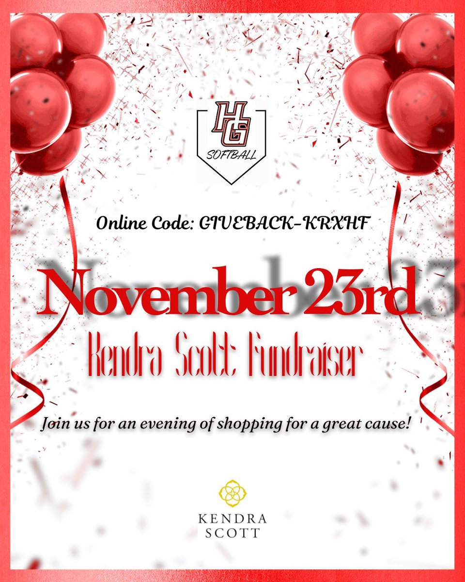 💎Kendra Scott💎

📍315 The Bridge Street
📅November 23rd
⌚️2pm-6pm

💖20% of sales during this time will go back to support Hazel Green High School Softball. Even if you can't attend, please use the online code at kendrascott.com until Midnight Nov. 24th to support! 🎄