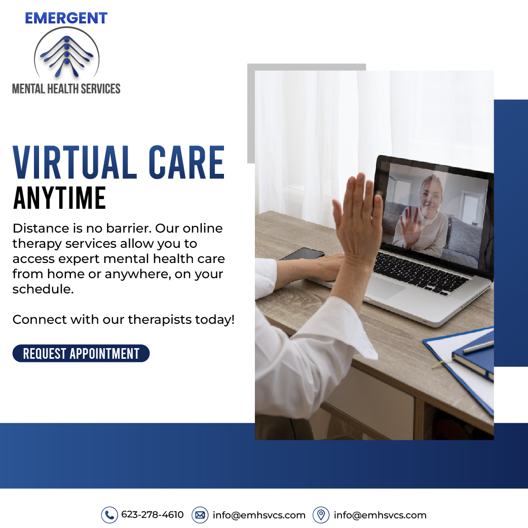 LupeCast5150's tweet image. Distance should never stop you from prioritizing your mental health.

With our online therapy services, you can connect with expert clinicians anytime, anywhere, and receive the support you need on your own schedule. 

📞 623-278-4610
🌐 emhsvcs.com

#OnlineTherapy