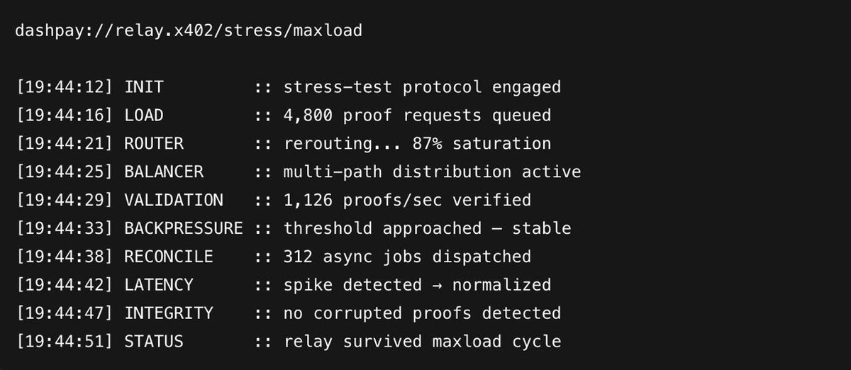 dashpaytech's tweet image. DashPay x402 Relay Stress Test — High Load Output

We pushed the x402 relay network into a controlled stress environment — max-throughput, concurrent proof bursts, and forced offline-queue saturation.

Despite aggressive load, the system maintained routing integrity, stable…