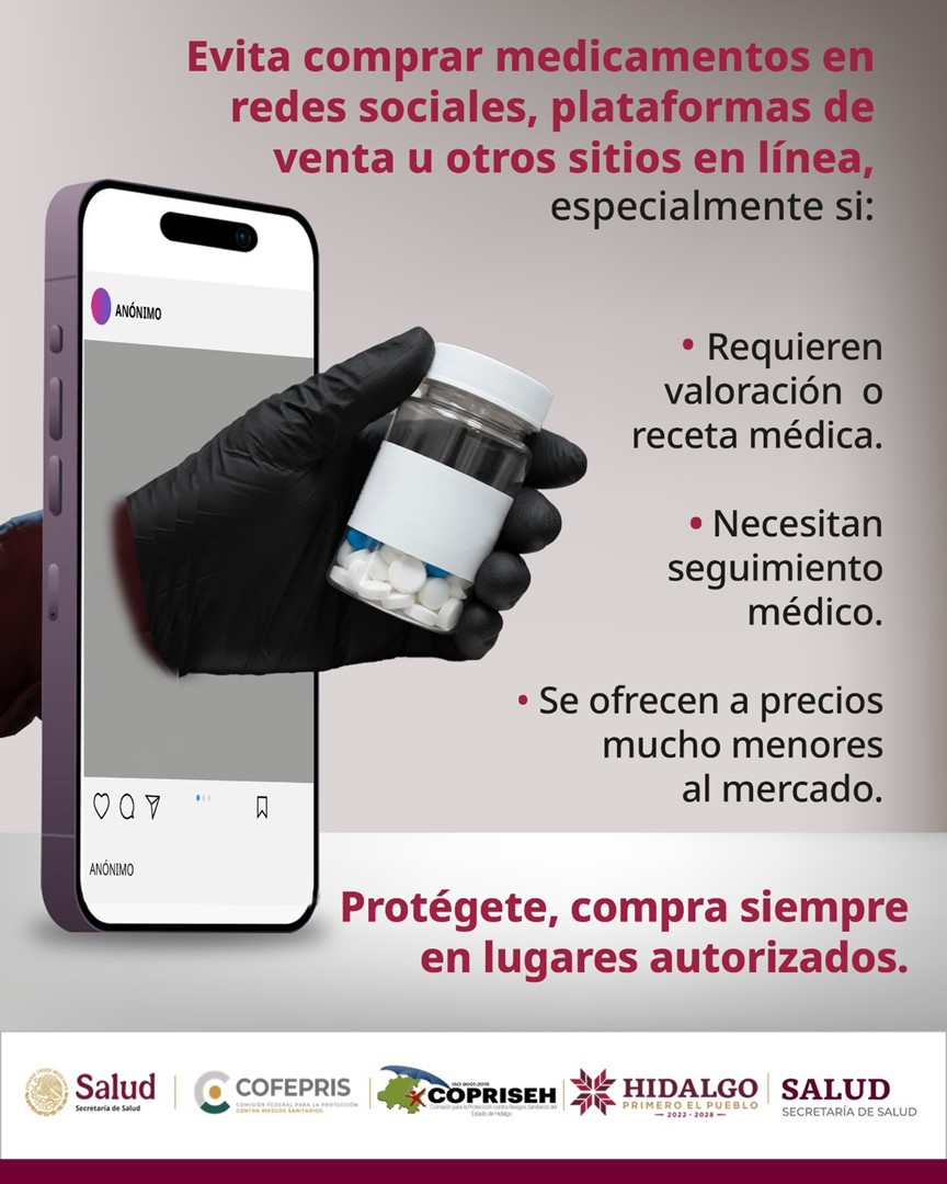 coprisehgo's tweet image. La comercialización de medicamentos a través de redes sociales representa un riesgo para la salud, ya que podrían ser productos falsificados, caducos o adulterados.
Si conoces alguna página que lo haga, denuncia en: bit.ly/4hb2are
#CofeprisTeProtege