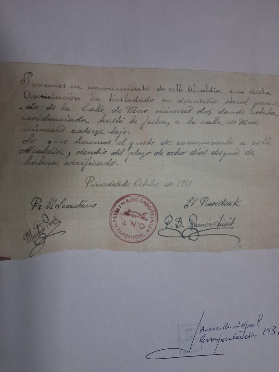 El 14 d'octubre de 1931, els nostres companys del sindicat únic de treballadors de Pineda de Mar i Ràdio de la C.N.T. Van presentar aquest escrit a l'ajuntament de Pineda, comunicant el canvi de seu del nostre sindicat.