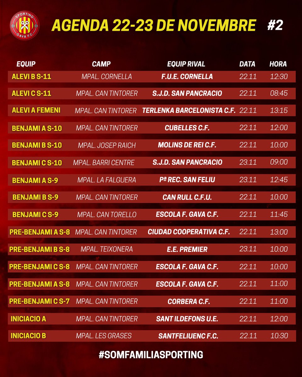 🔴⚪ AGENDA 22–23 NOVEMBRE
Cap de setmana carregat de partits i emocions! ⚽
Consulta els horaris i vine a animar els nostres equips! 🙌