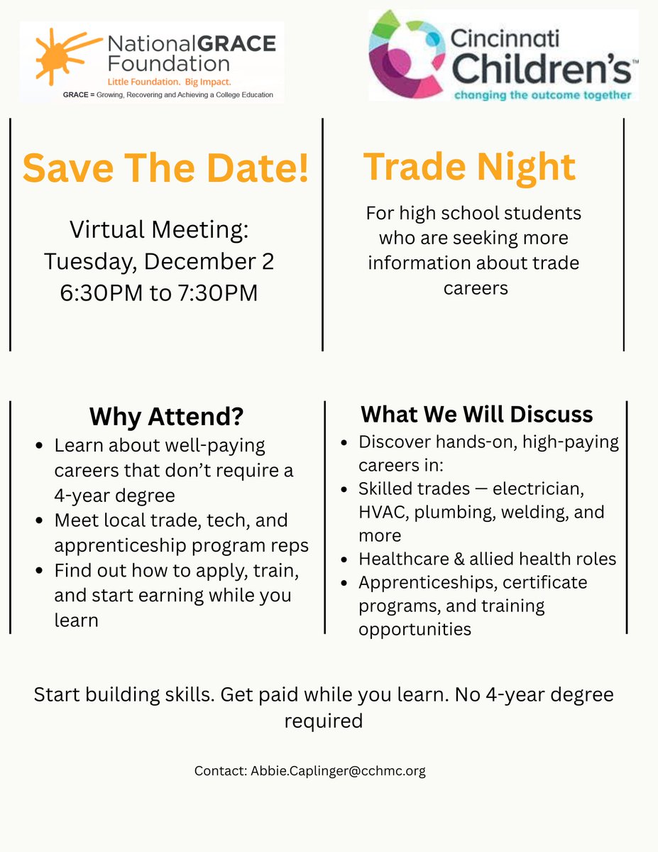 SAVE THE DATE!

TRADE NIGHT - For All CBDI patients in high school seeking more info about trade careers

Virtual Meeting: Tuesday, December 2, 6:30-7:30PM

Register here: redcap.link/nationalgraceT…