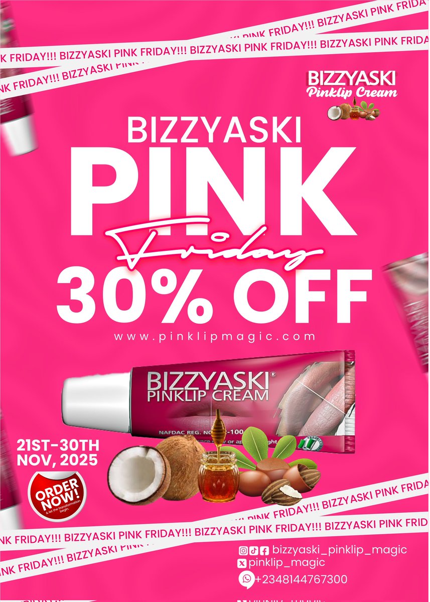 pinklip_magic's tweet photo. 🌸 PINK FRIDAY IS HERE! 🌸
From Nov 21st – 30th, it’s time to glow up your lips and save big! 😍💖
Enjoy a massive 30% OFF Bizzyaski PinkLip Cream your secret to soft, bright,and naturally pink lips!🌷✨

Don’t miss out…
Shop now, glow forever! 💋🔥
#BizzyaskiPinkLip #PinkFriday https://t.co/OBdyEwVAPb