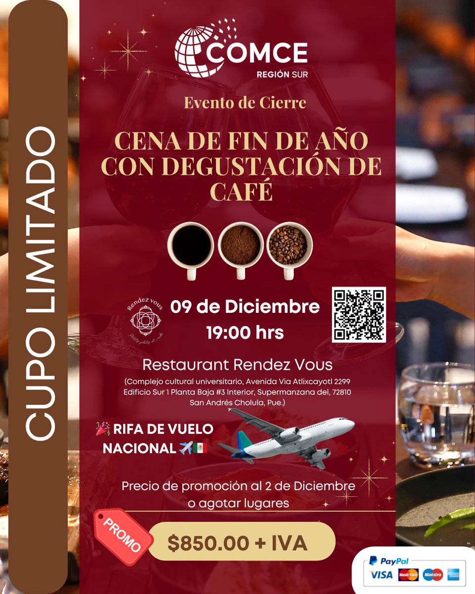 COMCE_Sur's tweet image. ☕✨ Cena de Fin de Año con Degustación de Café ✨🍽

¡SAVE THE DATE!
Acompáñanos a una velada especial para cerrar el año entre socios y aliados, disfrutando una experiencia sensorial de café de especialidad y una cena preparada para celebrar juntos los logros de 2025 y las…