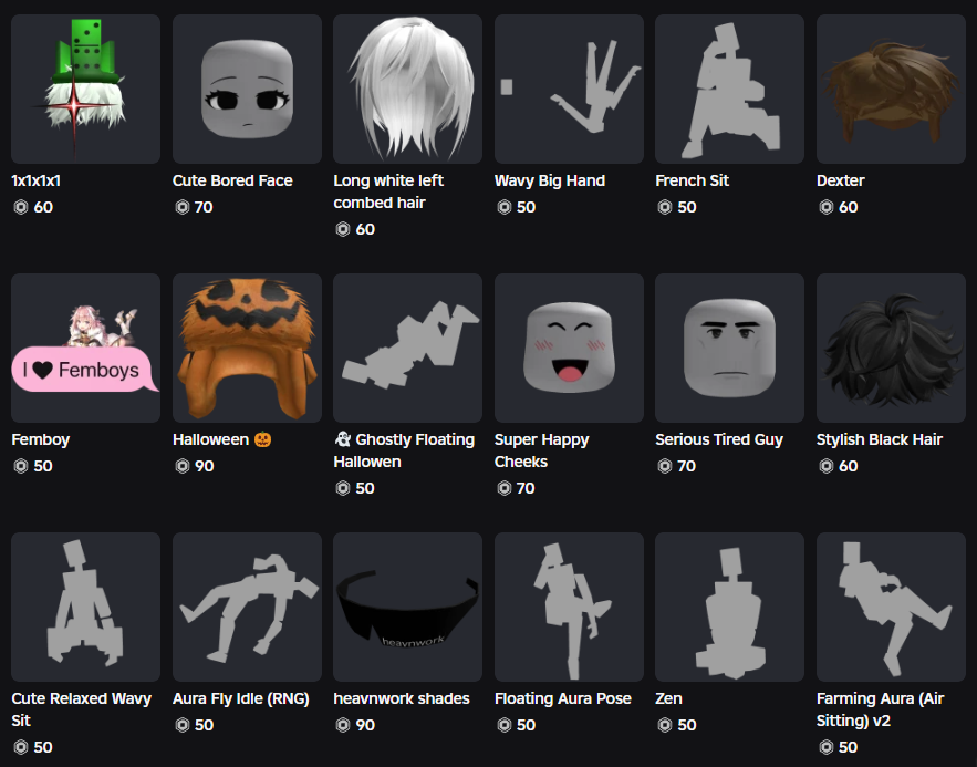 Social catalog screenshot showing low-cost Roblox avatar items including hairstyles and accessories