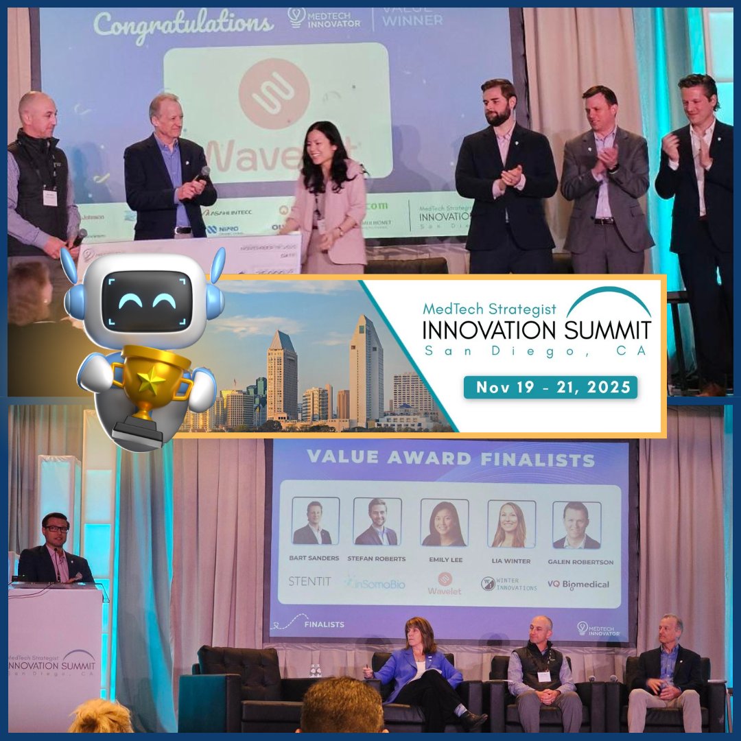fyelabs's tweet image. 🥳Big congratulations go to Emily Lee (Wavelet Medical) — winner of the #MedTech Innovator Value Award! @FYELABS VP Paramita is onsite at the @MedTechStrat #Innovation Summit &amp;amp; cheering on the finalists &amp;amp; incredible #healthtech leaders &amp;amp; speakers.